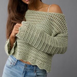 American Eagle Crochet Knit Sweater Crop Sage Green Open Knit Boho Size S